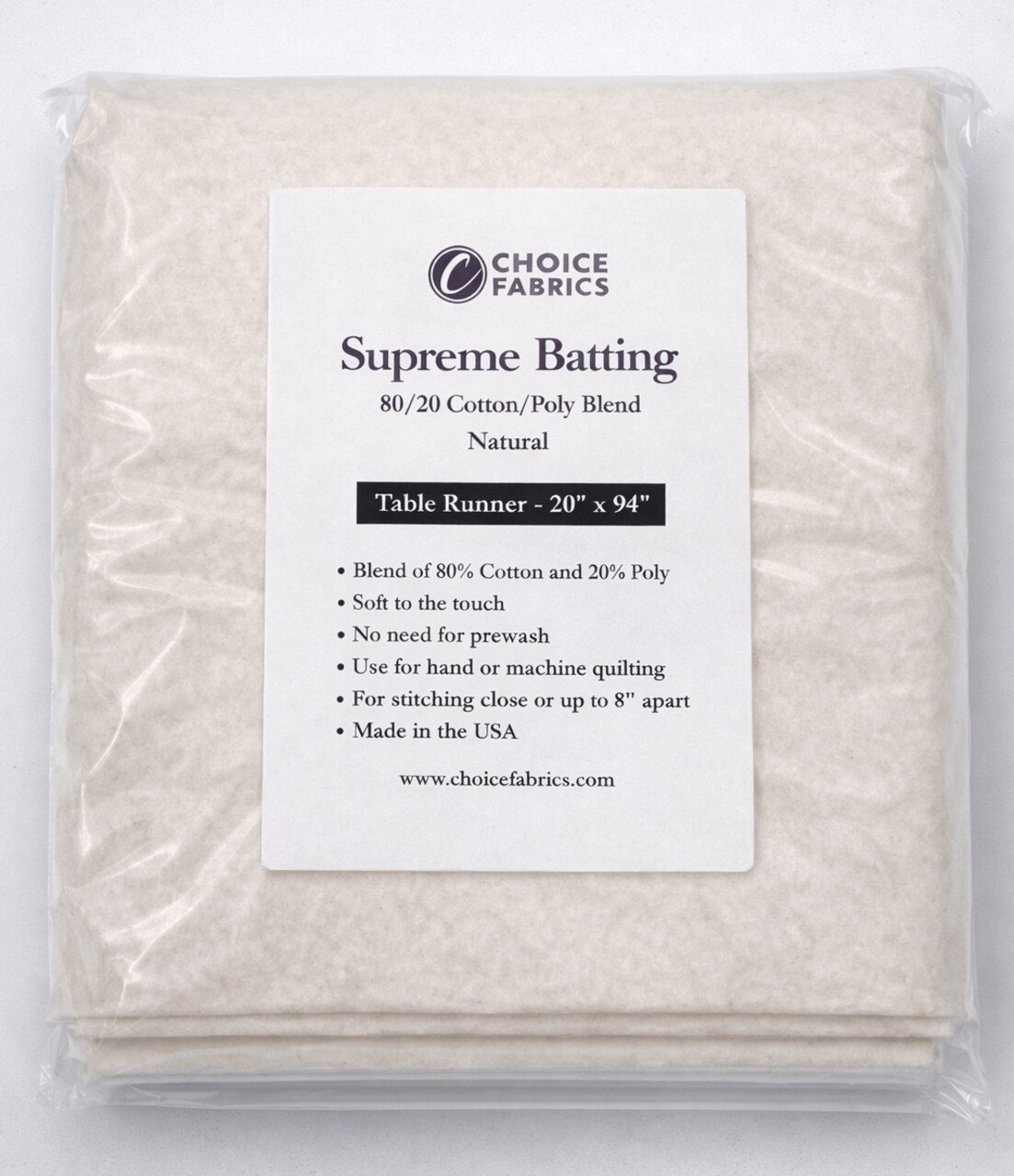 Choice Supreme Batting - 80/20 Cotton/Poly Blend - Table Runner (20" x 94")